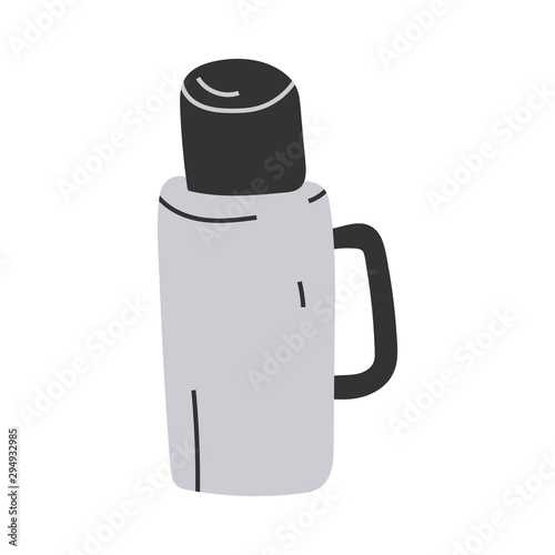 Simple hand drawn illustration of thermos with hot drink, seasonal outfit for cool weather. Vector doodle icon in modern trendy flat cartoon style.