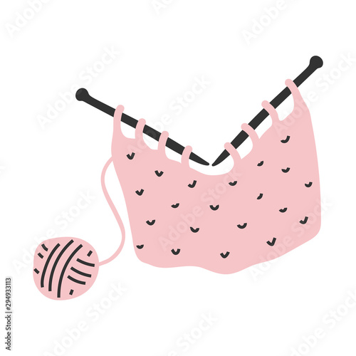 Vector hand drawn illustration of knitting with needles and ball of yarn, autumn and winter indoors activity. Doodle icon in modern trendy flat cartoon style.