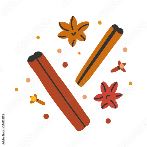 Vector hand drawn illustration of cinnamon stick with spice, seasoning for cooking, baking and mulled wine. Doodle icon in modern trendy flat cartoon style.