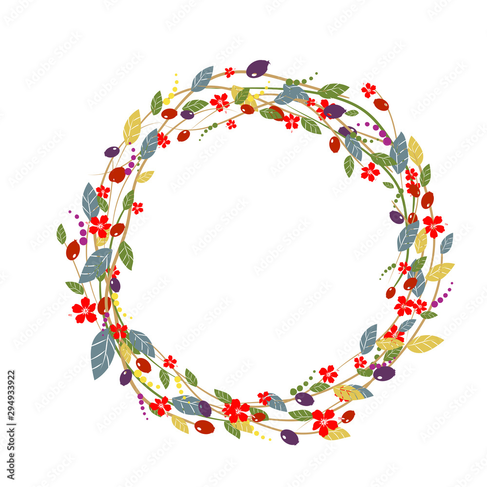 Floral wreath,round frame with abstract flowers and leaves. autumn hand-drawing, sketch style. Perfect for autumn and summer greeting cards, seasonal holidays, wedding invitations Floral wreath,round frame with abstract flowers and leaves. autumn hand-drawing, sketch style. Perfect for autumn and summer greeting cards, seasonal holidays, wedding invitations