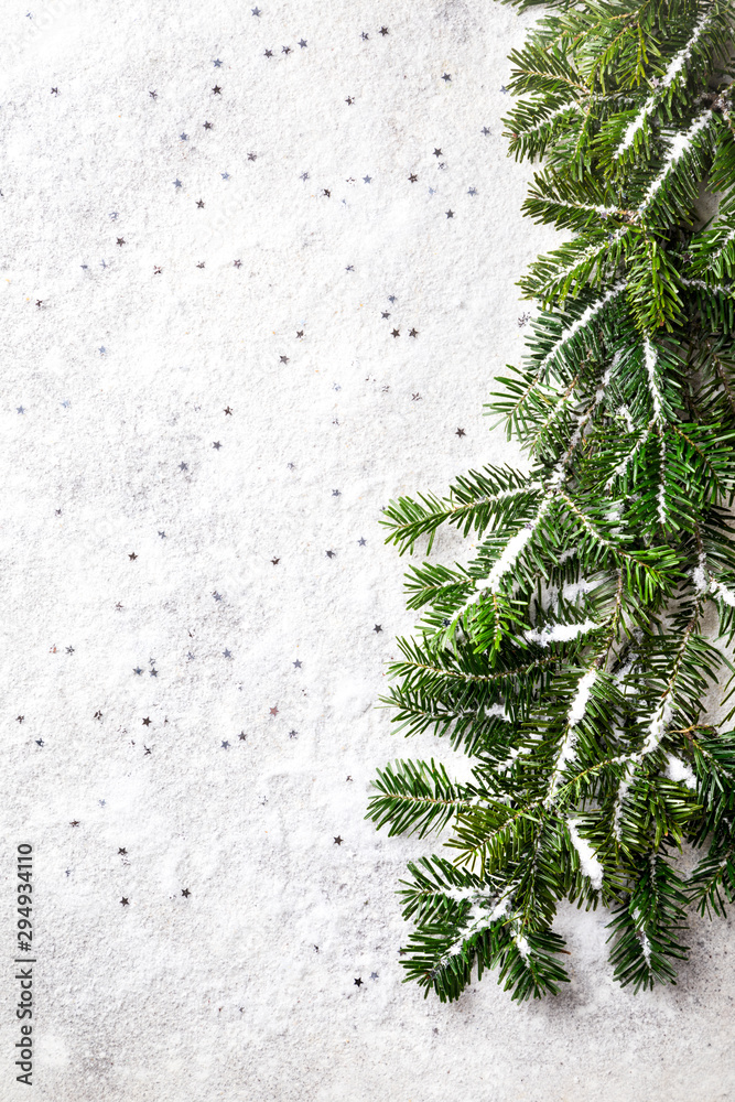 Fototapeta premium Traditional Christmas and New Year decor in the form Christmas tree branches.Holiday decoration on a snowy background.Copy space