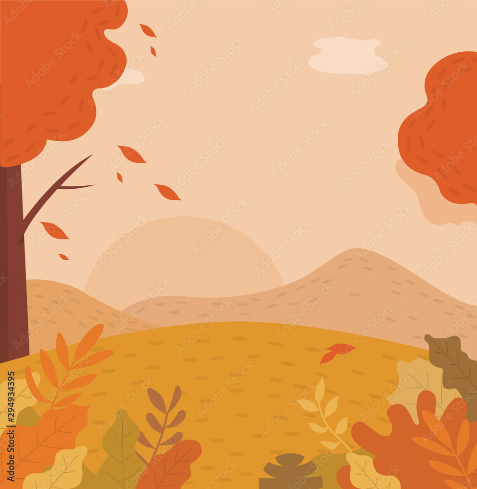 Background of flat autumn landscape vector - landscape illustration.	