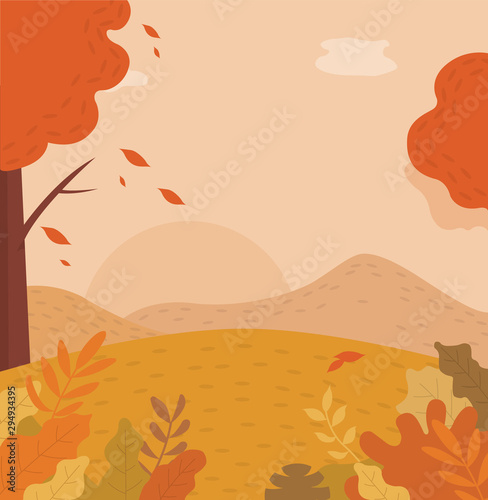 Background of flat autumn landscape vector - landscape illustration. 