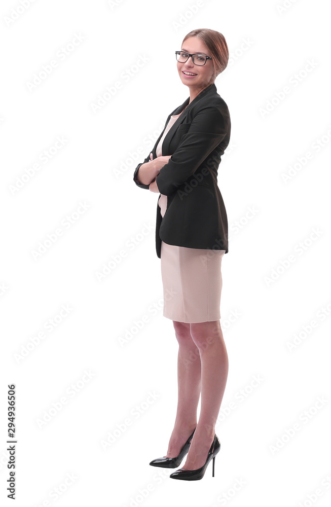 attentive young businesswoman looking at copy space. isolated on white attentive young businesswoman looking at copy space. isolated on white