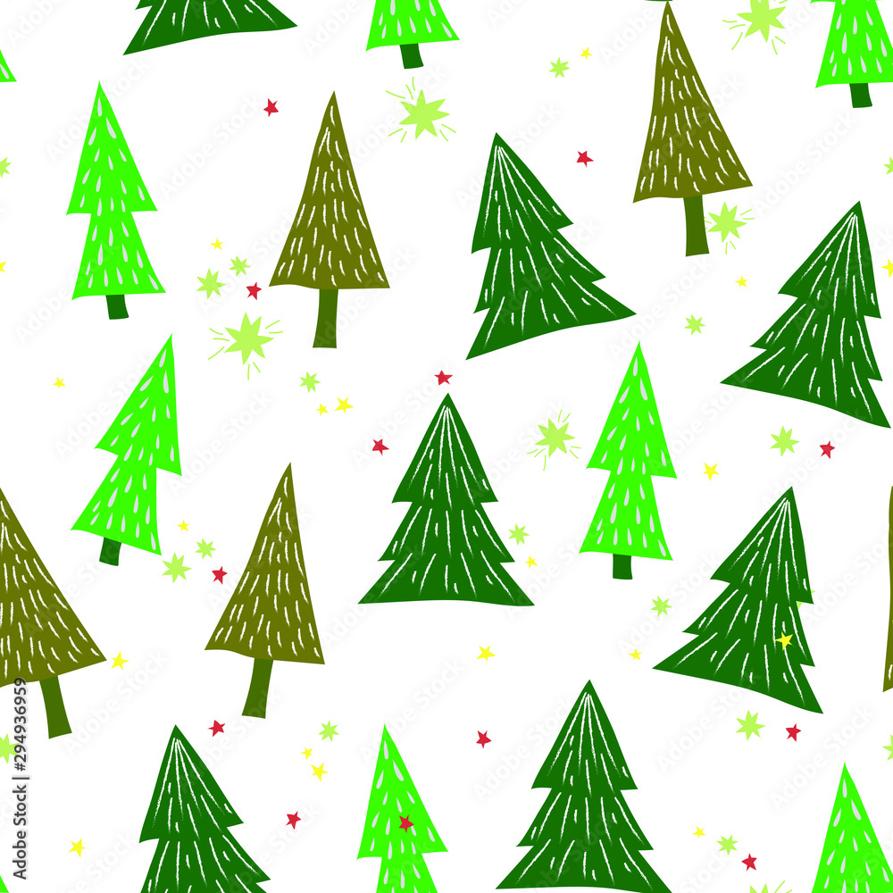 Christmas trees hand drawn seamless vector pattern. Xmas sketch texture. Color decorated fir trees. Winter holiday scandinavian illustration. New Year textile, wrapping paper, background design Christmas trees hand drawn seamless vector pattern. Xmas sketch texture. Color decorated fir trees. Winter holiday scandinavian illustration. New Year textile, wrapping paper, background design