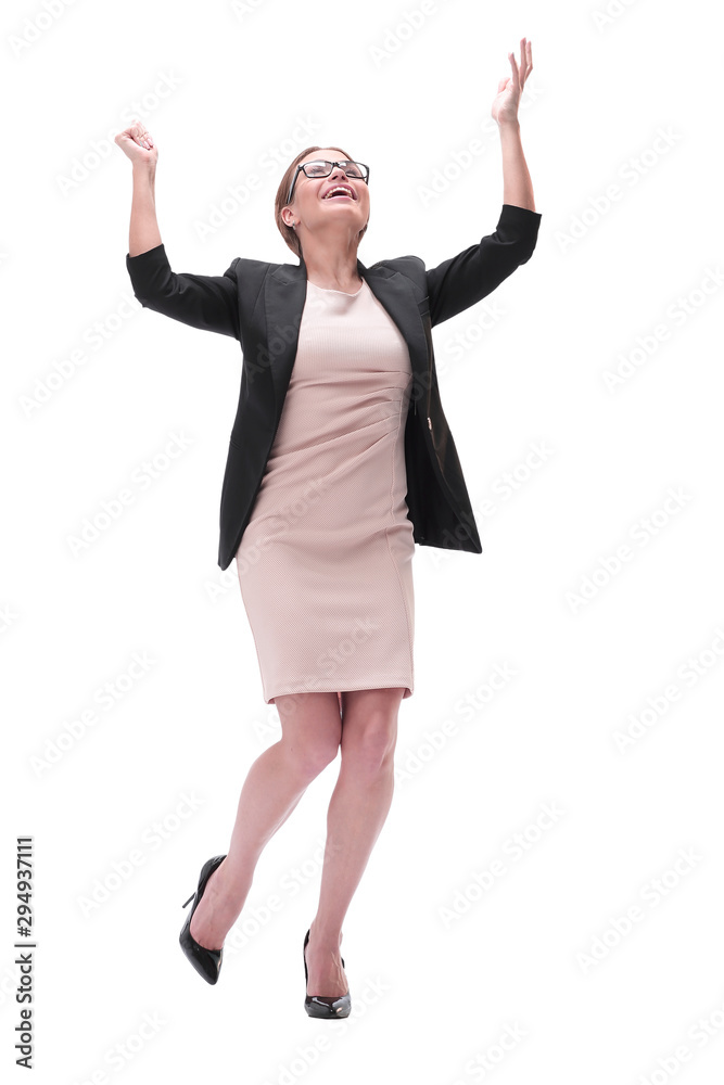 full length . happy young business woman looking up full length . happy young business woman looking up