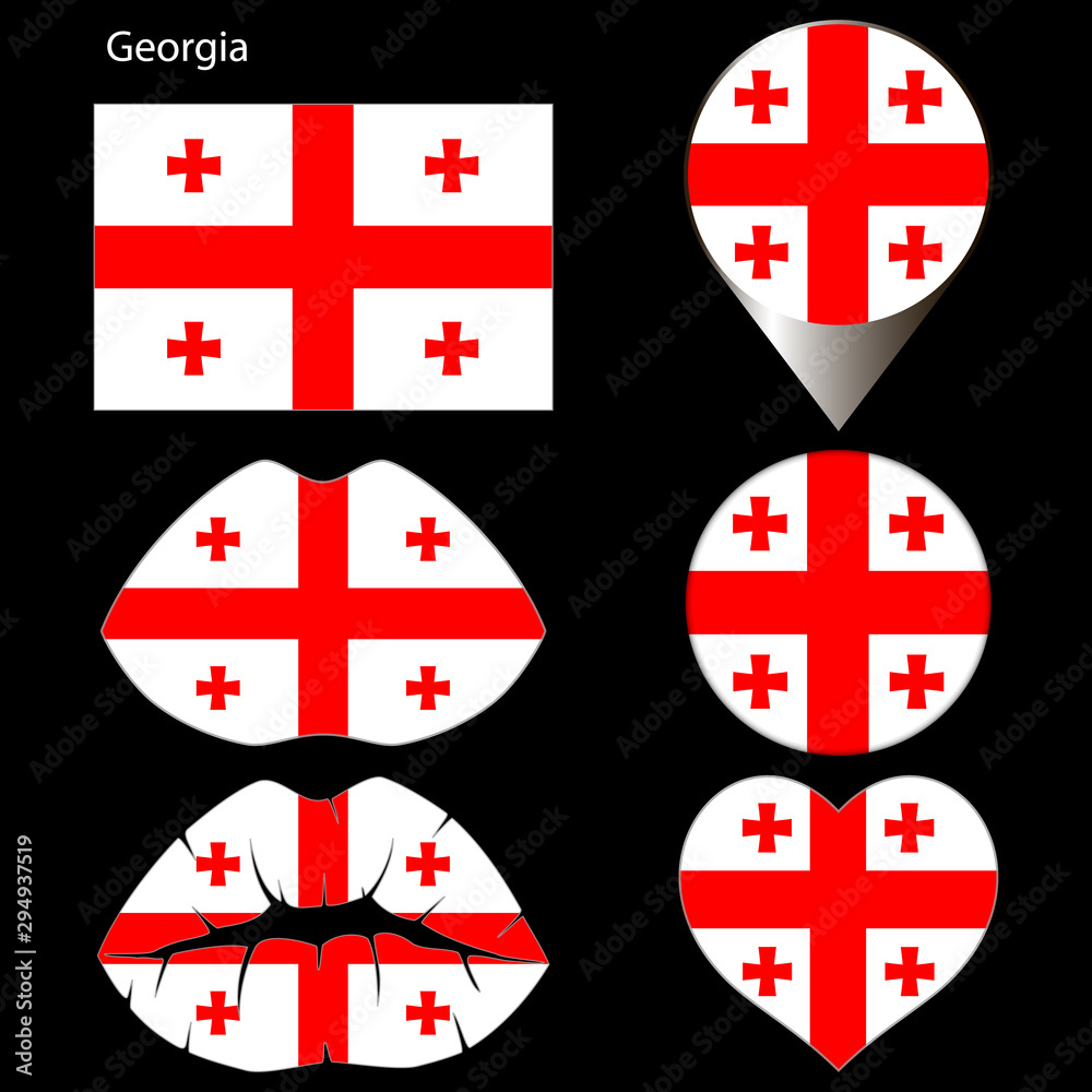Obraz premium Flag of Georgia, set. Correct proportions, lips, imprint of kiss, map pointer, heart, icon. Abstract concept. Vector illustration on black background.