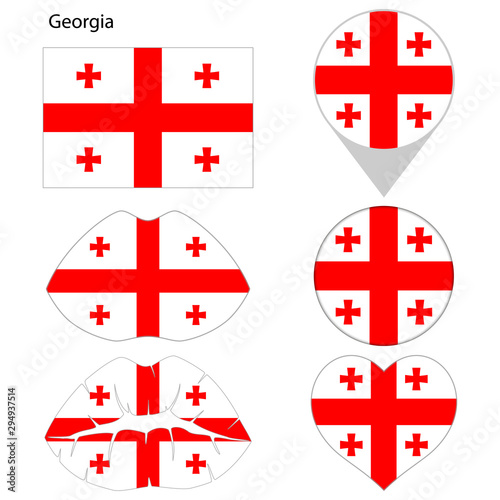 Flag of Georgia, set. Correct proportions, lips, imprint of kiss, map pointer, heart, icon. Abstract concept. Vector illustration on white background.