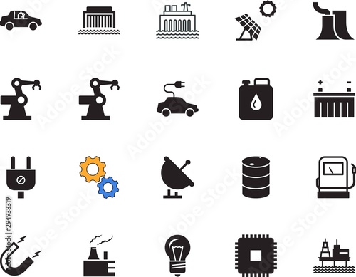 factory vector icon set such as: connect, transmission, glass, derrick, sunlight, satellite, ocean, engine, connection, chip, polarity, unmanned, center, internet, light, mechanism, drawing, nature