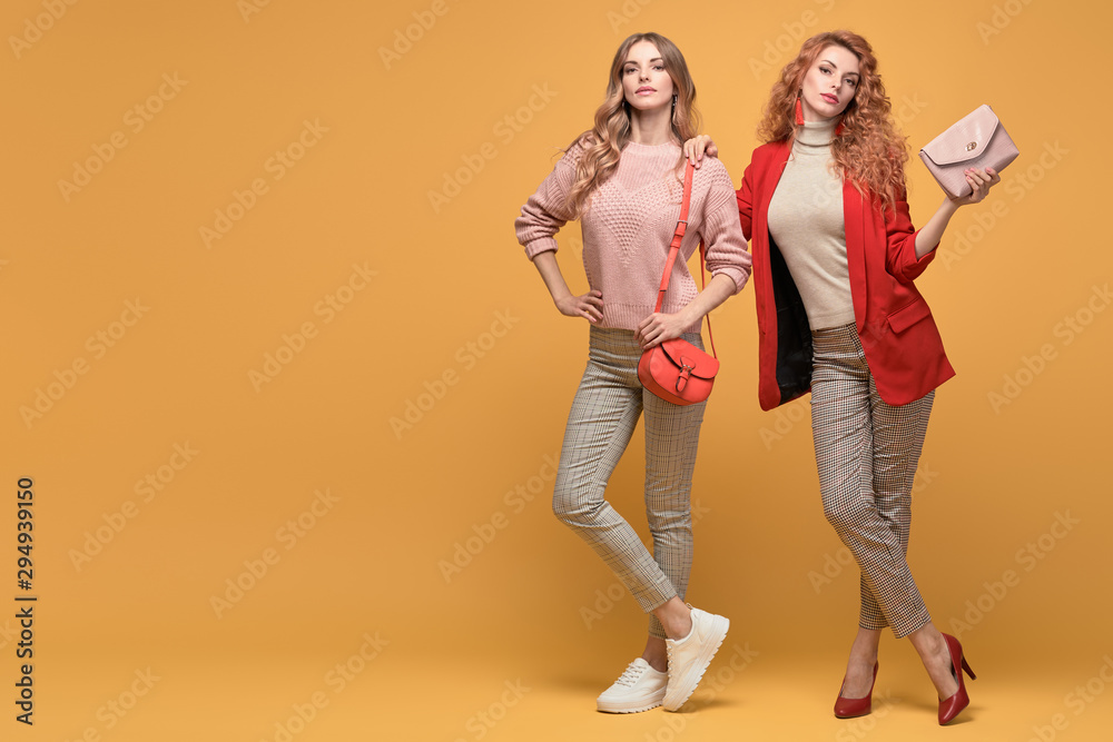 Fototapeta premium Two fashionable woman sisters in Trendy autumn red pink outfit, stylish hair, makeup. Joyful friends in jacket, jumper smiling on orange. Cheerful girl, stylish fashion accessories, beauty style