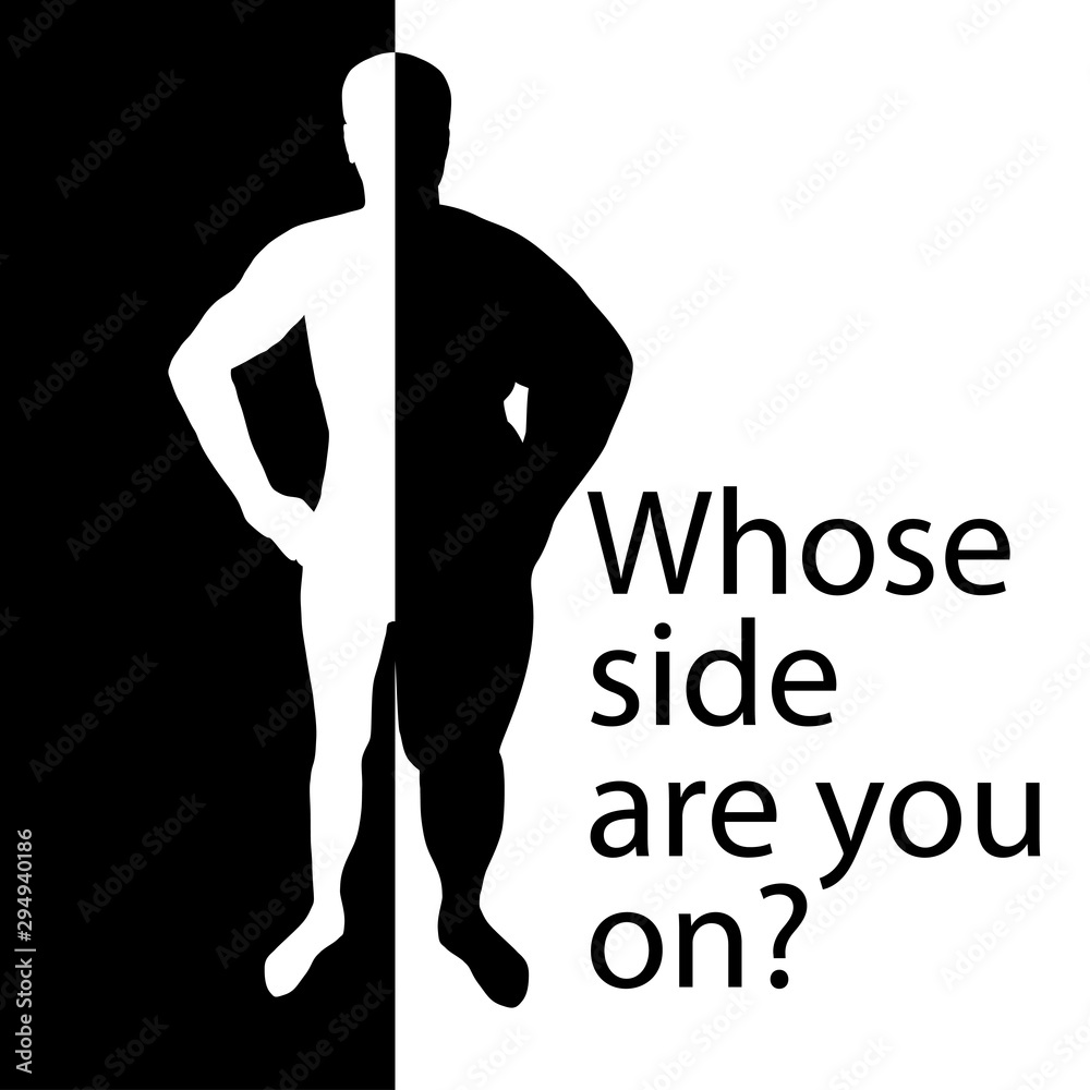 Illustration of half of the silhouette of a thin man on a black background and half of the silhouette of an obese man on a white background with the slogan 