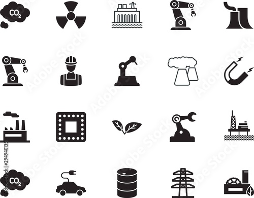 factory vector icon set such as: beauty, board, construction, barrel, plug, pole, concrete, rig, computer, radioactive, microchip, drum, water, physics, spa, voltage, beautiful, hydroelectric, flower