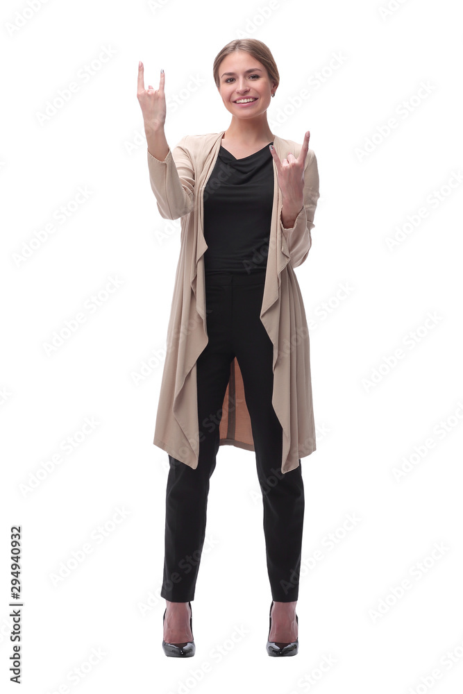 young woman showing victory gesture . isolated on white young woman showing victory gesture . isolated on white