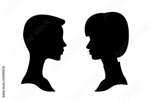 Man and woman side profile head silhouettes isolated