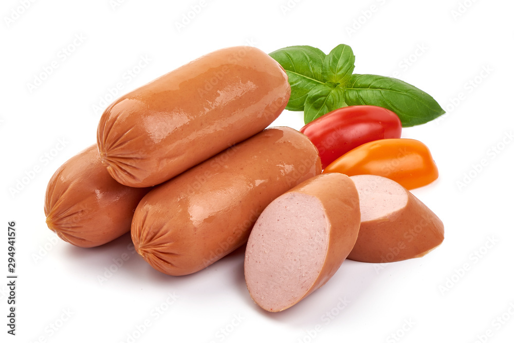 Tasty fresh boiled sausages, isolated on white background Tasty fresh boiled sausages, isolated on white background