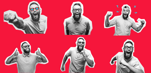 Crazy hipster guy emotions. Collage in magazine style with happy emotions. Discount, sale, season sales.