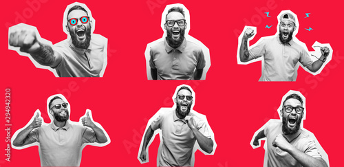 Crazy hipster guy emotions. Collage in magazine style with happy emotions. Discount, sale, season sales.
