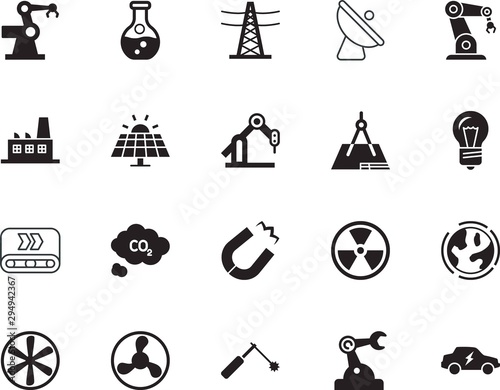 factory vector icon set such as: attract, torch, satellite, geography, vehicle, project, exhaust, globe, television, wire, transformer, logo, polarity, sun, signal, light, progress, oil, solar