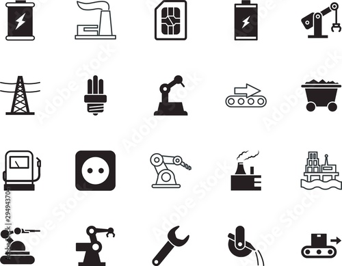 factory vector icon set such as: direction, fossil, natural, liquid, metallurgy, saving, mining, raw, control, contour, iron, pixel, grid, european, light, logistics, idea, bulb, profession, pylon