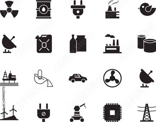 factory vector icon set such as: slag, reactor, glass, gallon, ecology, process, circle, cooler, steam, robotic, flammable, natural, rotate, fan, beverage, connected, condenser, pylon, science, lines