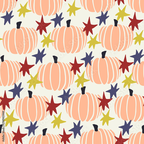 Cute seamless pattern with hand painted pumpkins and stars on cream background.
