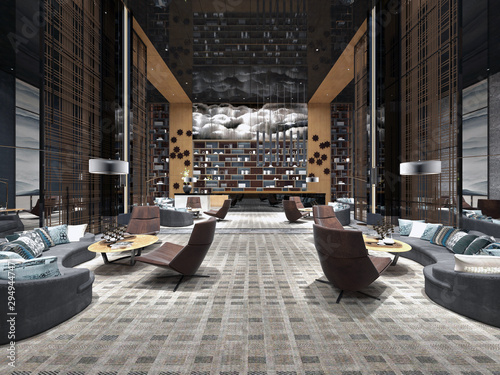 Modern luxury lobby hotel interior with luxurious furniture. 3d rendering photo