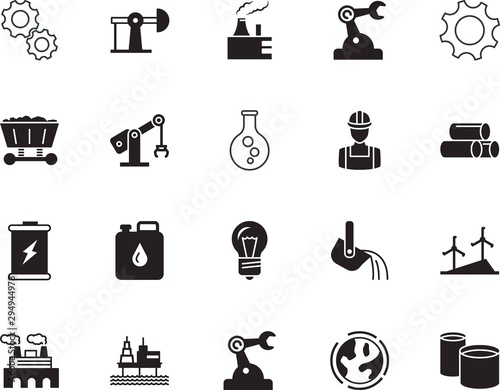 factory vector icon set such as: extraction, bright, study, alkaline, erlenmeyer, container, wagon, steam, flask, pumpjack, melting, smelting, repairman, analysis, diesel, tank, battery, laboratory