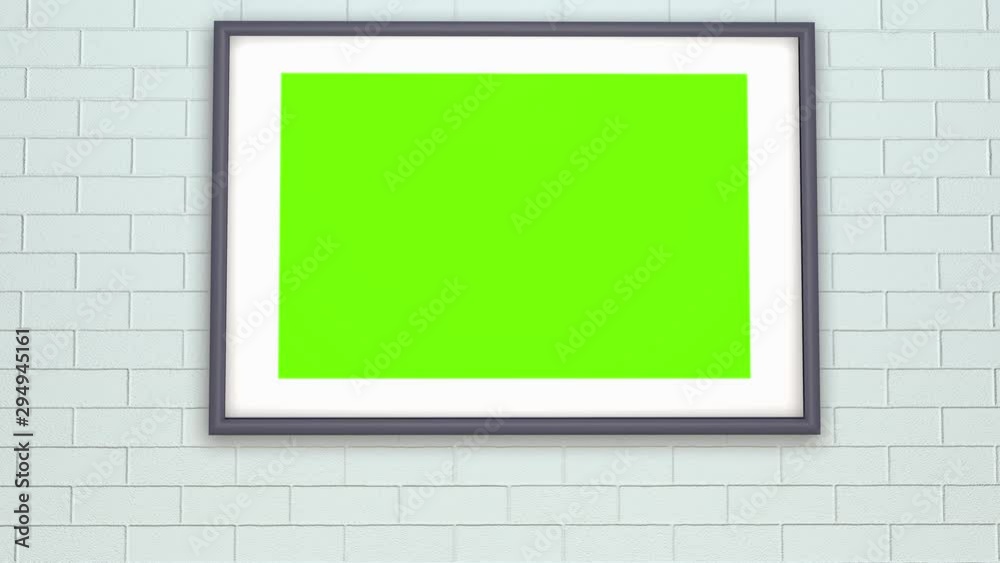 Room with a frame for a photo or painting hanging on the wall. Isolated green background. Room with a frame for a photo or painting hanging on the wall. Isolated green background.