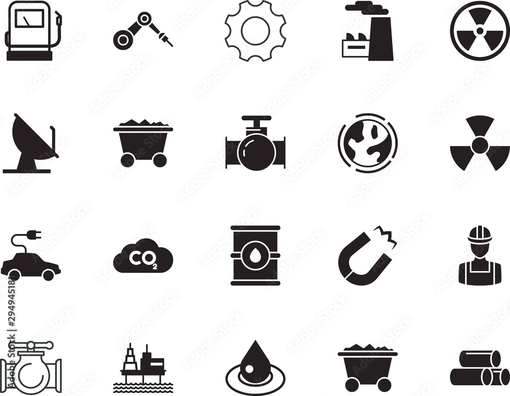 factory vector icon set such as: circle, chimney, horseshoe, motion, teamwork, gallon, wave, co2, flow, station, cogs, data, radar, platform, people, crude, repairman, architect, storage, mechanism