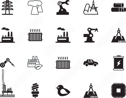 factory vector icon set such as: sea, sustainable, generator, save, pylon, unmanned, conduit, solar, offshore, sensor, board, road, vehicle, icons, animal, voltage, recycling, tube, plastic