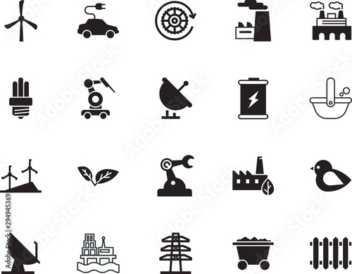 factory vector icon set such as: creative, beauty, rig, saver, derrick, trolley, material, heating, smelting, mine, drilling, round, load, leaves, bulb, home, liquid, platform, working, nestling