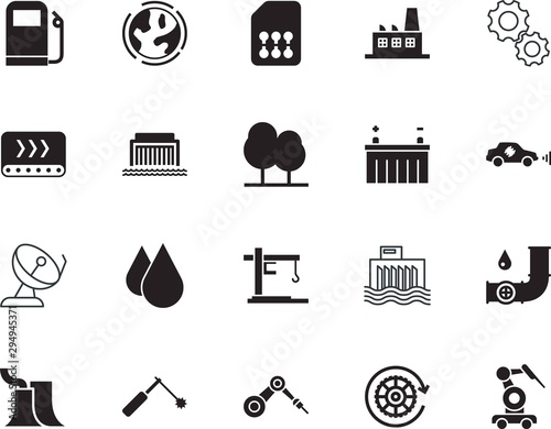 factory vector icon set such as: sensing, sim, flow, reactor, contour, ultrasonic, pressure, weld, liquid, cooperation, unmanned, smart, tv, leaf, image, dish, adaptive, television, road, device