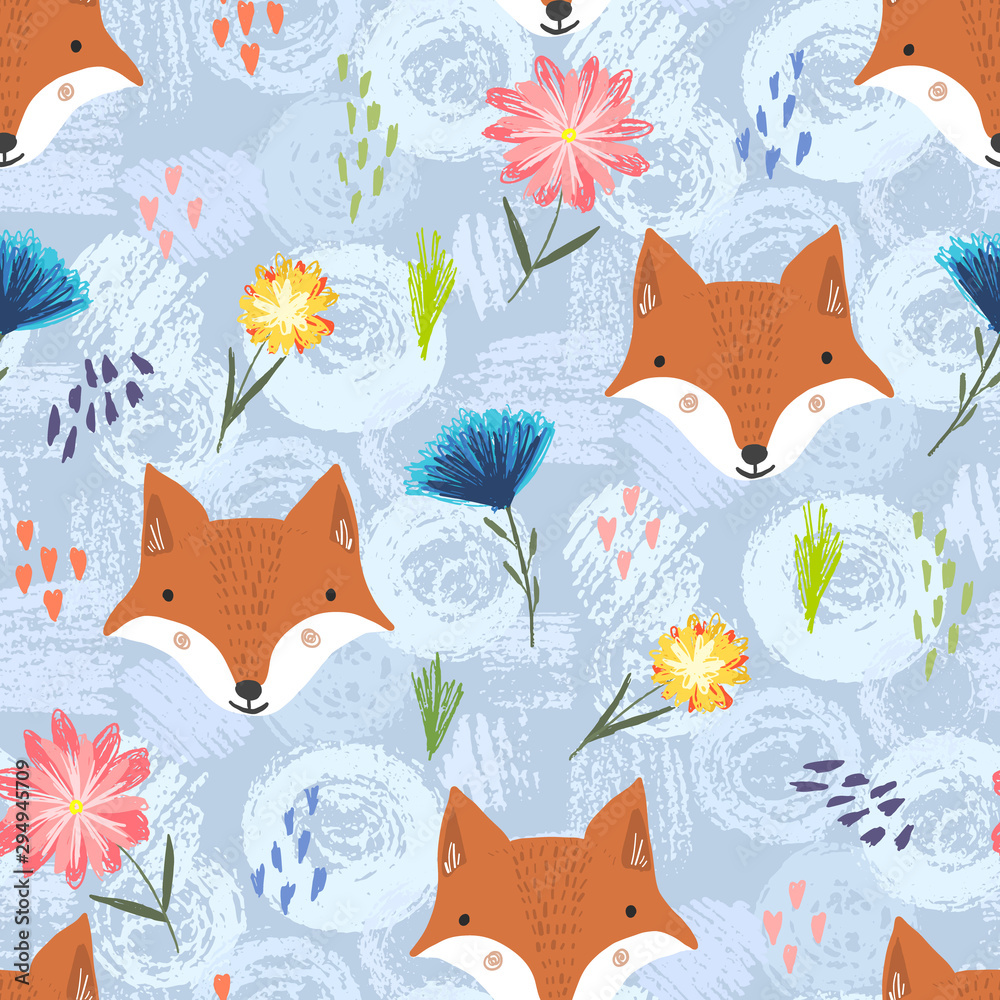 Fototapeta Cute seamless pattern with cartoon orange foxes, colorful dots and flowers on grunge shapes background. Funny summer hand drawn foxy texture for kids design, wallpaper, textile, wrapping paper