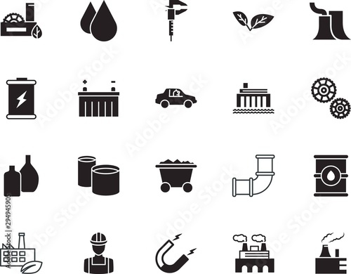 factory vector icon set such as: panel, perfect, spa, conservation, vehicle, renewable, full, ultrasonic, calipers, workman, attract, health, science, hat, metric, connected, builder, bolt, dam
