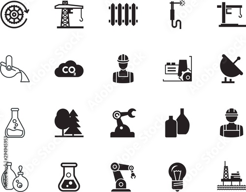 factory vector icon set such as: green, derrick, ocean, gears, bulb, knowledge, casting, data, ladle, landscape, season, cogwheel, dish, carbon, engine, workshop, radio, internet, tv, communication