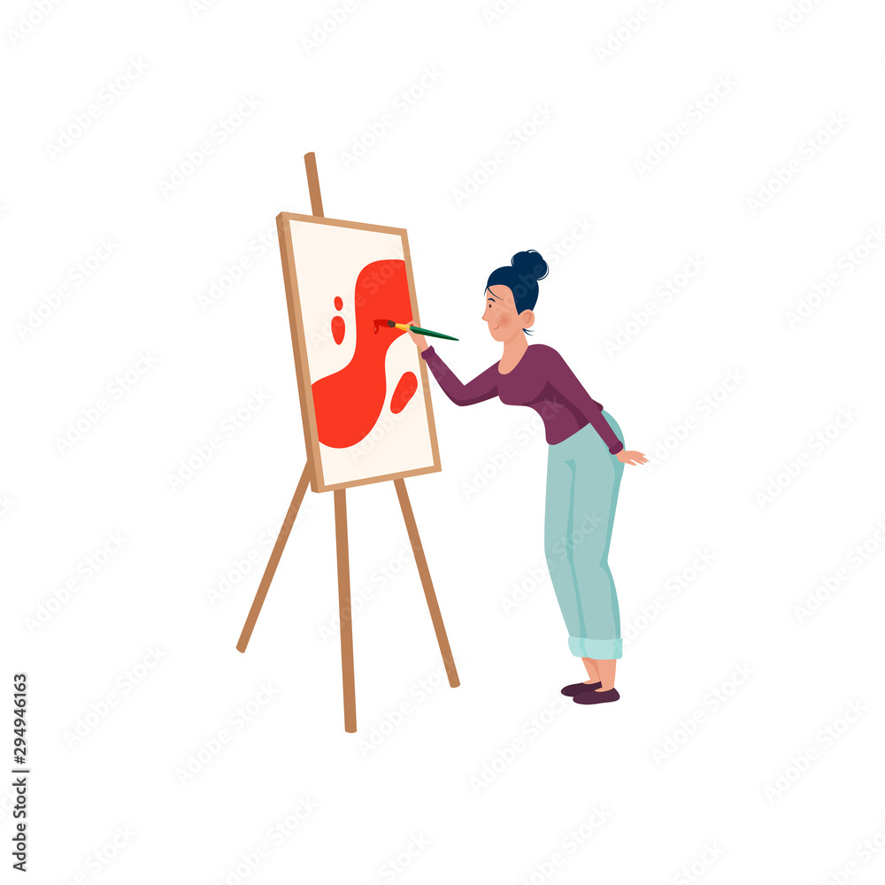 The artist in purple shirt paints on canvas with a brush. Vector illustration on a white background.