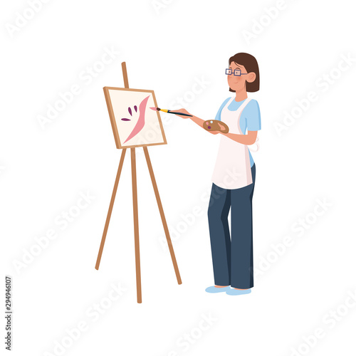 The artist in white apron paint on canvas with a brush. Vector illustration on a white background.