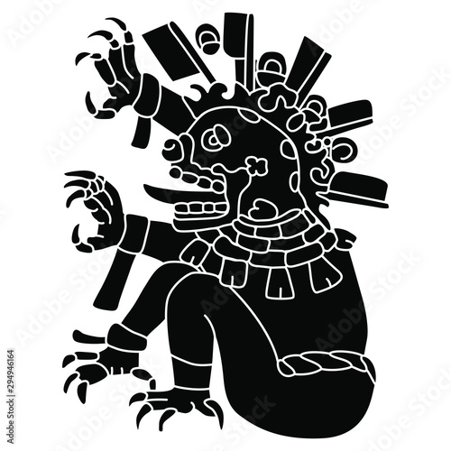 Fantastic mythological monster of Aztec Indians. Pre-Columbian Mexican art. Black and white silhouette.