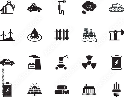 factory vector icon set such as: exploration, propeller, saving, fossil, gray, brazing, smoke, connected, bulb, logistics, welder, sensing, conveyor, button, cell, windmill, radiation, service