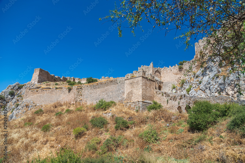 The ruins of the ancient Acrocorinth, the fortress of city Corinth in Greece