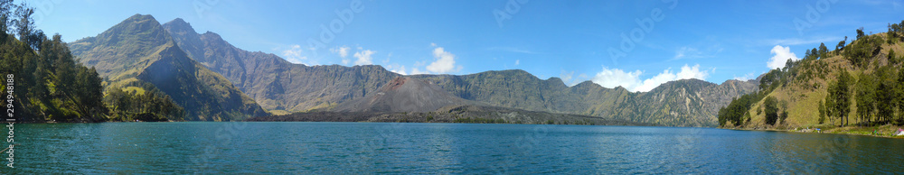Panoramic view of  volcano Gunung Rinjani. Mount Rinjani National Park, Lombok island, Indonesia.