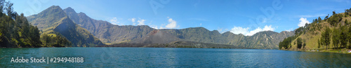 Panoramic view of volcano Gunung Rinjani. Mount Rinjani National Park, Lombok island, Indonesia.