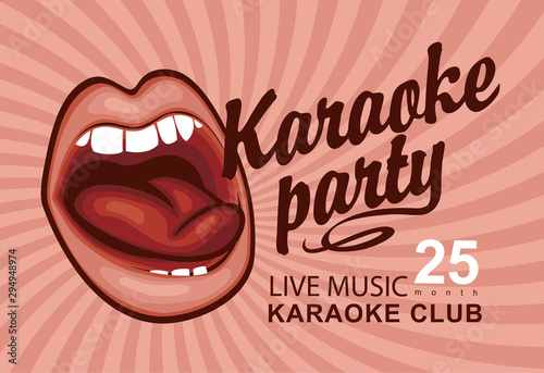 Vector music poster or banner for karaoke party with singing mouth and calligraphic inscription on the abstract background with pink rays in retro style.