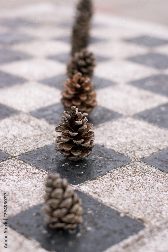 Fototapeta premium Pine cones on a chess table 