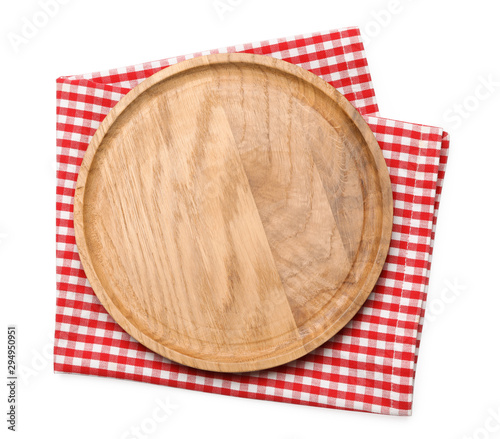 Empty wooden board and checkered napkin isolated on white, top view