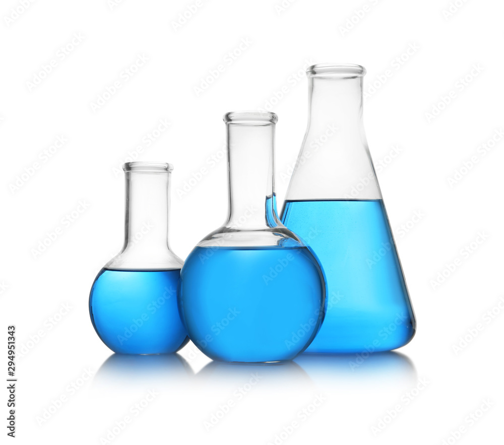 Florence and conical flasks with blue liquid on white background. Laboratory glassware Florence and conical flasks with blue liquid on white background. Laboratory glassware