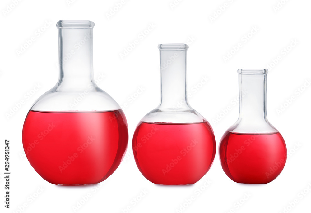Florence flasks with red liquid on white background. Laboratory glassware