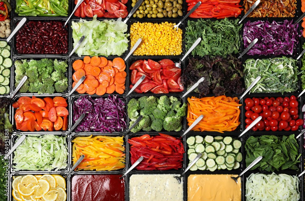 Salad Bar With Different Fresh Ingredients As Background Top View 