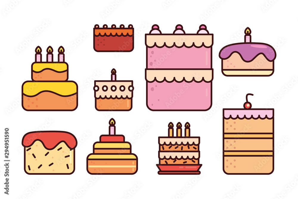 Naklejka premium bundle birthday cakes with icons set