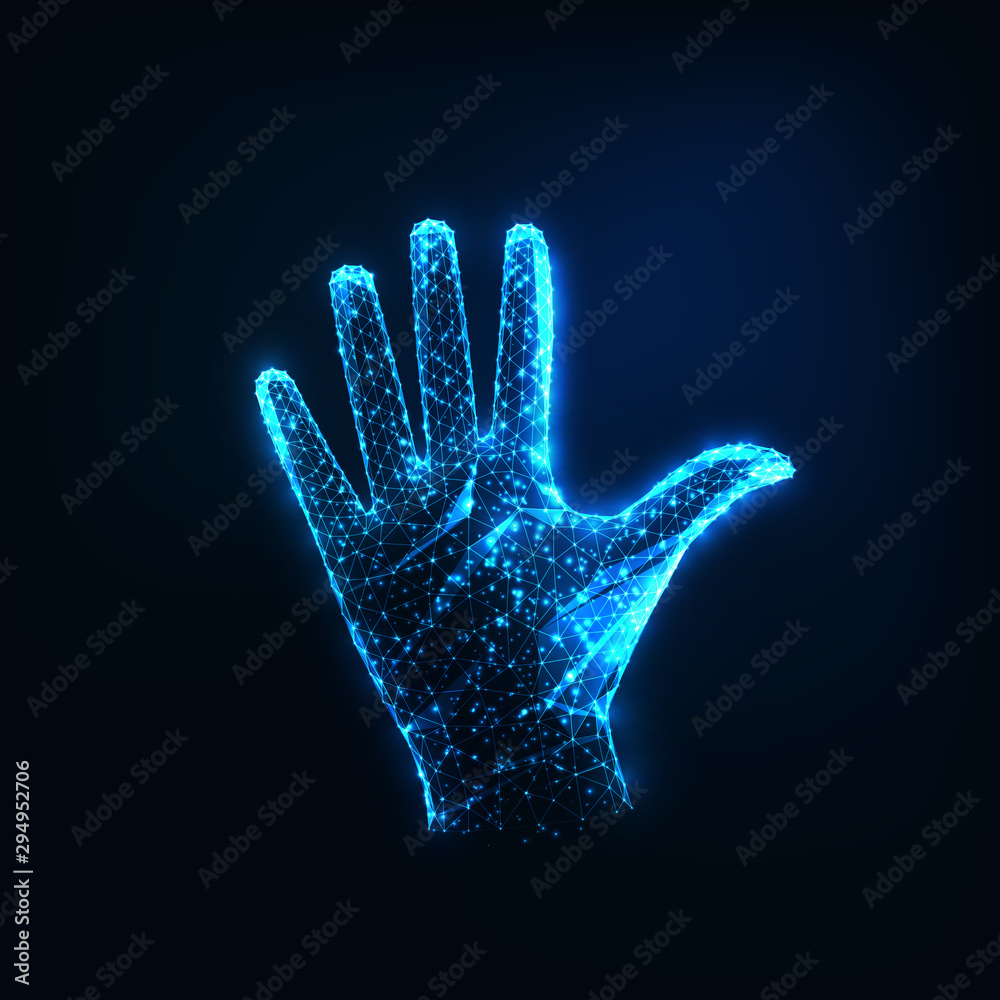 Futuristic glowing low polygonal raised open female hand isolated on dark blue background. Futuristic glowing low polygonal raised open female hand isolated on dark blue background.